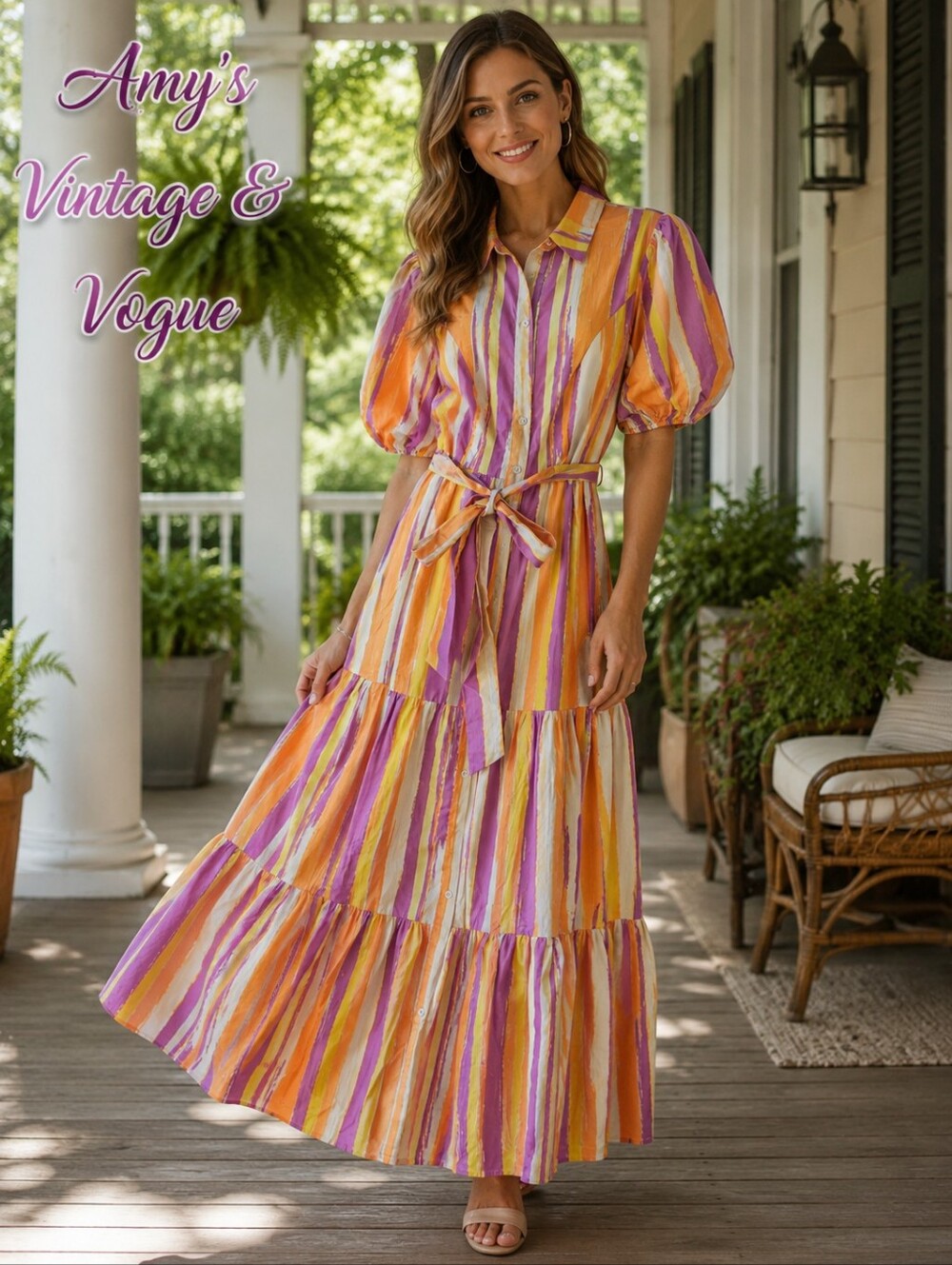 Flying Tomato Poplin Abstract Striped Tiered Maxi Dress —  M